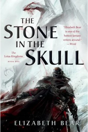 Cover art for Elizabeth Bear's book, The Stone in the Skull, showing a dragon facing off with a swordsman.