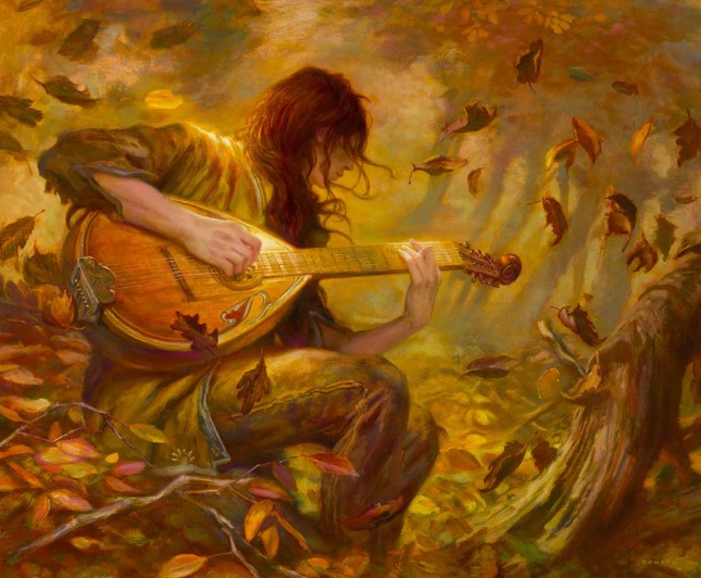 Artist's depiction of Kvothe. A young man playing the lute in the forest.
