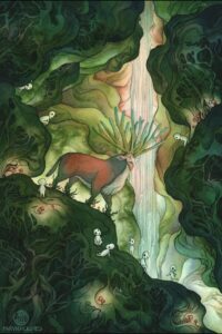 Art depicting the Deer God and kodamas from Hayao Miyazaki's movie Princess Mononoke.